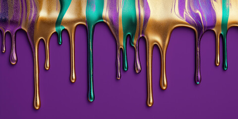Dripping golden, green and purple metallic paint on purple background