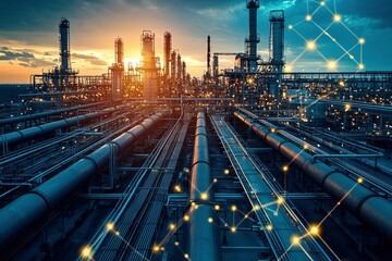 Industrial Refinery at Sunset with Network Connections