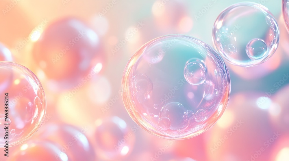 Poster transparent spheres floating on a pastel gradient background
