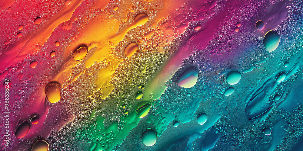 Poster colorful abstract background with water drops creating bubbles on a rainbow glass