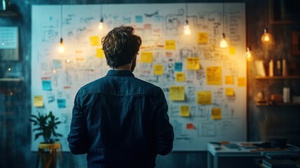 A person analyzing a wall of ideas and notes, showcasing creativity and strategy in a contemporary workspace with warm lighting.