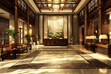 Fototapeta premium Hotel lobby with oriental design elements, emphasizing space and artistic style.