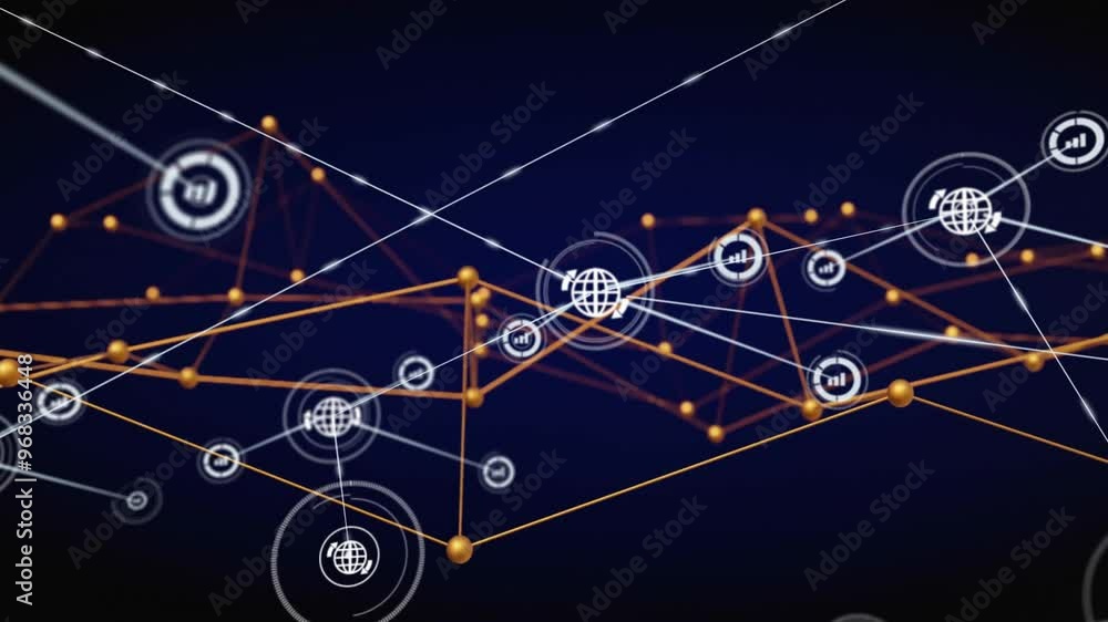 Aufkleber animation of network of connections with icons over yellow web