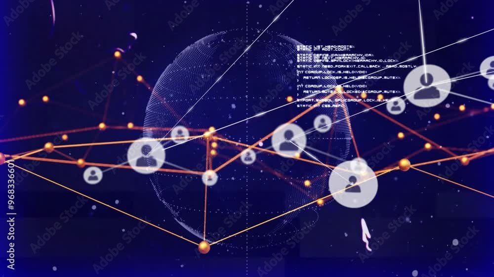 Poster Animation of network of connections with icons over globe and data processing
