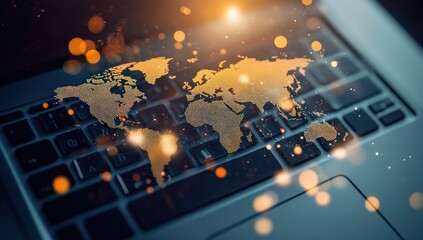 Naklejka premium Global Connection - World Map on Laptop Keyboard