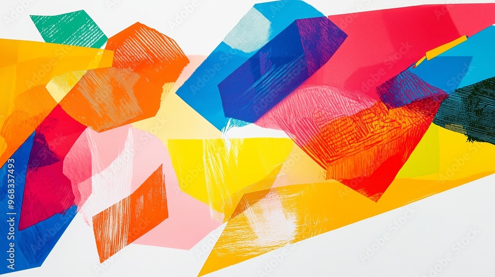 Poster vibrant abstract artwork featuring bold colors and geometric shapes displayed in a modern gallery se