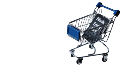 Black Friday sticker and shopping cart on transparent background