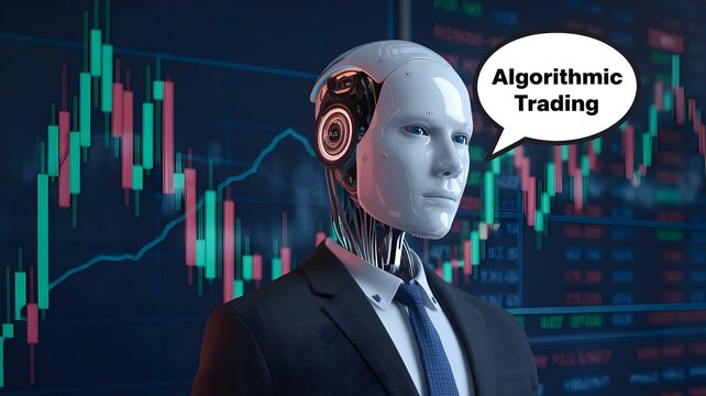Robot in suit in-front of stock market chart with speech bubble, "Algorithmic trading" in text.