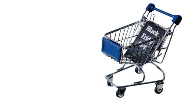 Black Friday sticker and shopping cart on transparent background