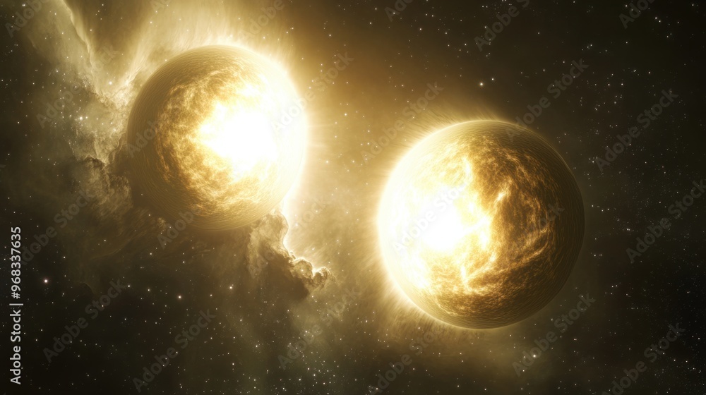 Wall mural a binary star system, with two suns orbiting each other in a distant galaxy, casting light across ne
