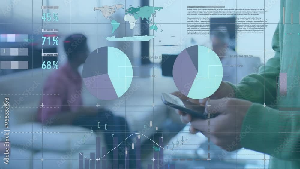Poster animation of financial data processing over caucasian businessman using smartphone