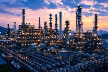 Fototapeta premium An Industrial Refinery at Dusk with Glowing Lights