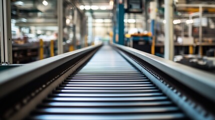 Conveyor belt transporting goods in a modern warehouse during daylight hours with clear focus on the track