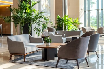 Contemporary hotel lobby with stylish furniture, offering a modern and comfortable setting.