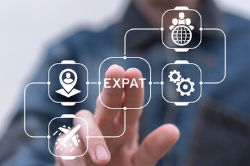 Man using virtual touch screen presses text: EXPAT. Concept of global relocation and expat work....