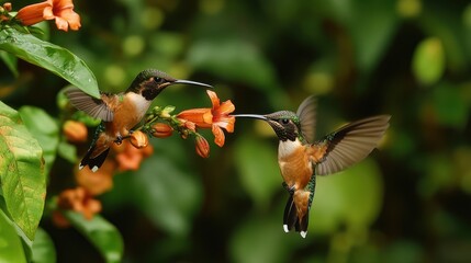 Fototapeta premium The charming Hummingbird feeds on sweet nectar from flowers