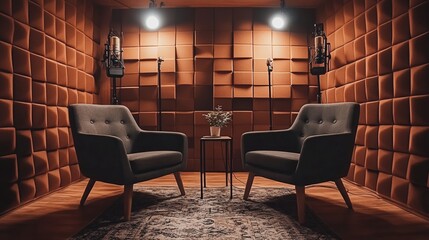 Cozy podcast studio featuring plush modern chairs, dynamic microphones, and walls with stylish geometric soundproof panels, soft lighting enhances focus