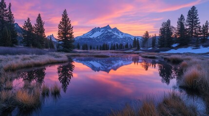 Mountain Reflection in a Still Pond at Sunrise