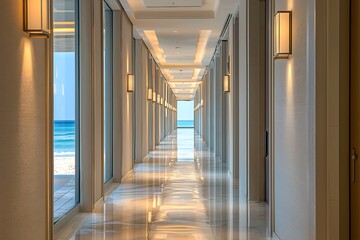 Obraz premium Modern beachside hotel corridor with contemporary design and luxurious details.