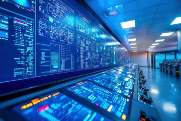 Obraz premium Futuristic Control Room with Rows of Monitors Displaying Data