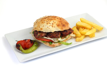 Delicious Turkish Kofte Sandwich (meatballs) isolated white background