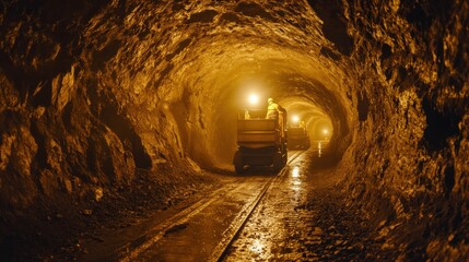 Fototapeta premium Underground tunnel in a gold mine with mining carts and workers in hard hats