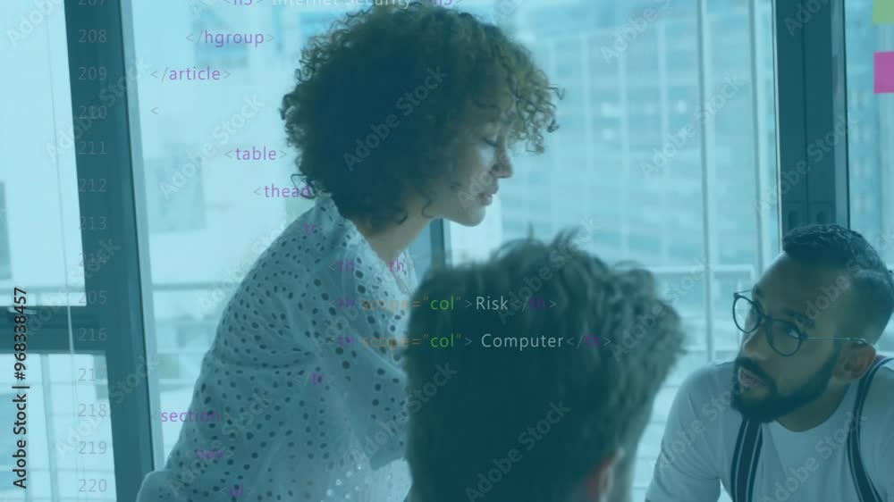 Poster animation of data processing over diverse colleagues discussing work in office