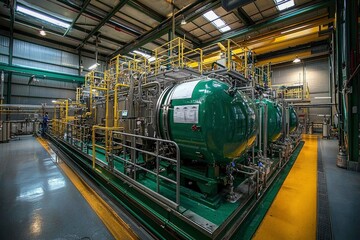 Fototapeta premium Industrial Factory Interior with Large Green Cylindrical Tanks