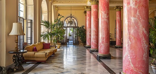 ,Elegant hotel with ornate pink marble columns and a timeless atmosphere,