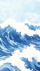 A serene watercolor illustration of crashing waves, showcasing the beauty of the ocean's movement and vibrant blue hues.