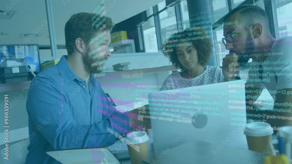 Poster animation of data processing over diverse colleagues discussing work in office