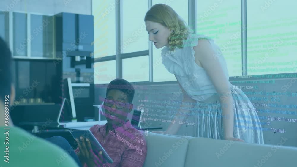 Poster animation of data processing over diverse colleagues discussing work in office