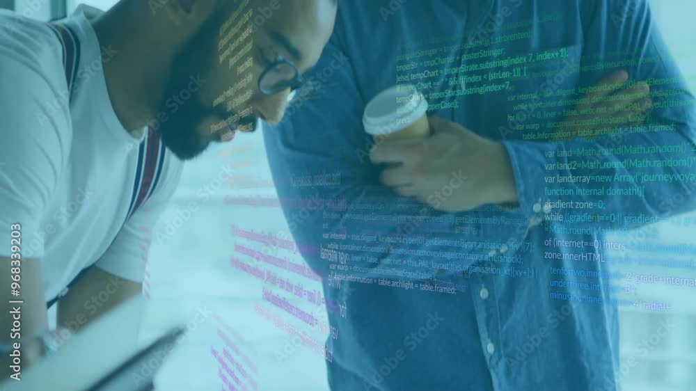 Poster animation of data processing over diverse male colleagues discussing work in office