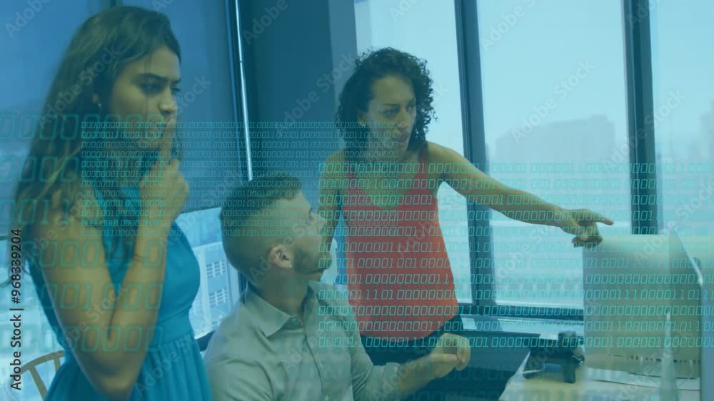 Poster animation of data processing over diverse colleagues discussing work in office