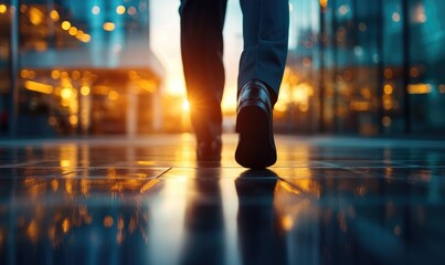 Fototapeta premium Businessman’s Footsteps: Transitioning from Urban Reality to a Futuristic Dimension