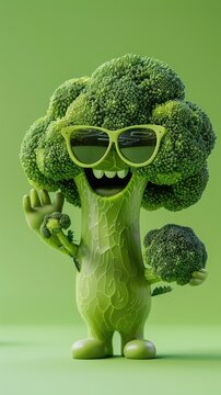 Naklejki Cheerful Broccoli Character Wearing Sunglasses in a Green Background  Playful and Humanized Vegetable with a Friendly Smile Representing Healthy Organic and Eco Friendly Concepts