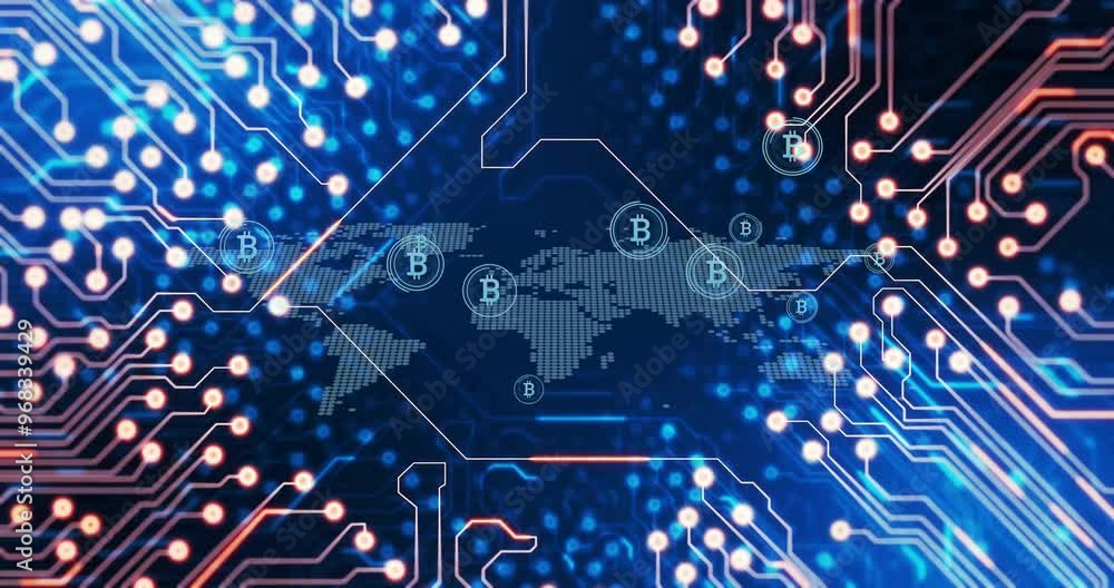 Poster animation of network of connections with bitcoins over world map