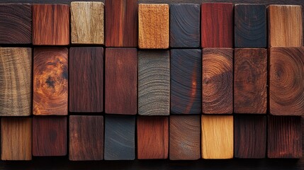 An array of rustic mahogany lumber swatches, each piece with straight, clean lines, capturing the rich, earthy tones and textures of the wood