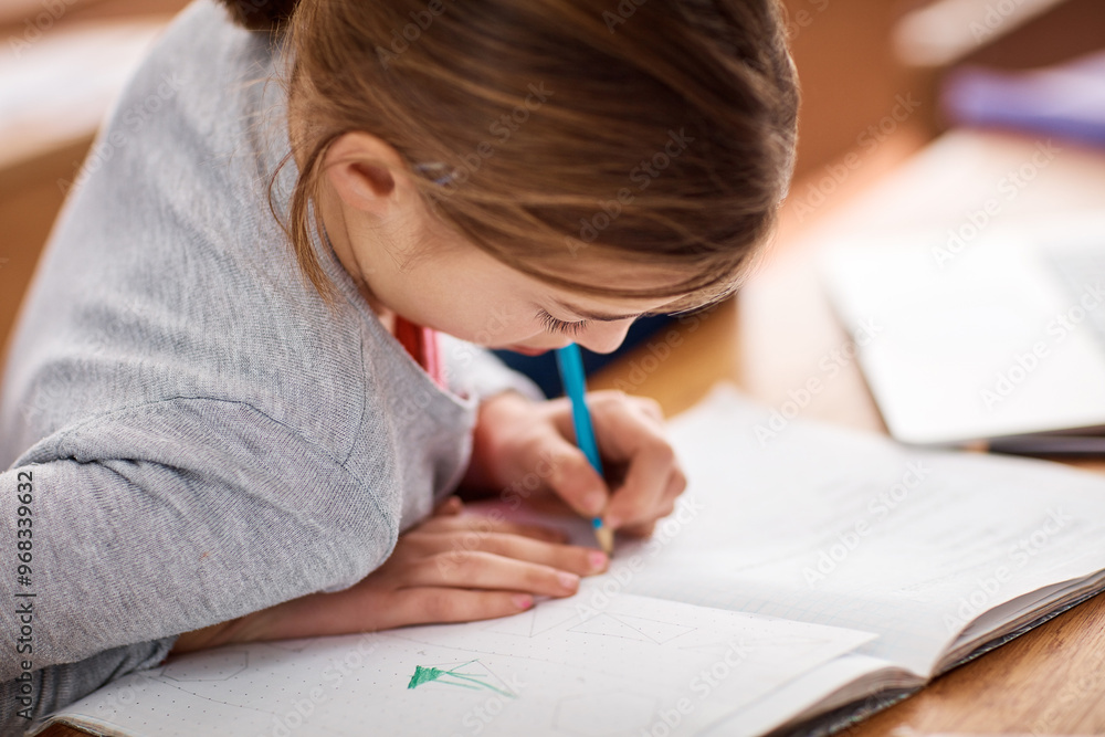 Aufkleber Notebook, writing and girl in kids class with math test for growth, child development and pencil for education. Study, learning and students with notes for knowledge, exam and problem solving at desk