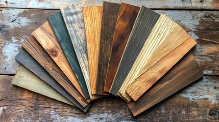 Assorted pine and coarse wood swatches, displayed in a fan-like arrangement, capturing the rustic charm of raw materials, rough textures, organic feel