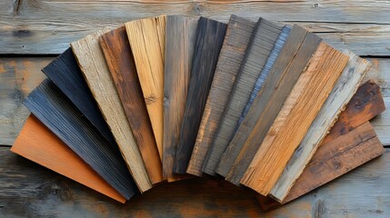 Assorted pine and coarse wood swatches, displayed in a fan-like arrangement, capturing the rustic charm of raw materials, rough textures, organic feel
