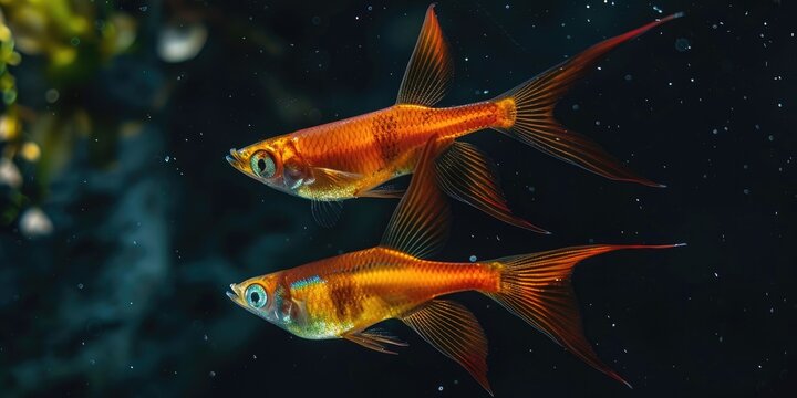 Pair of red swordtail fish swimming gracefully Xiphophorus helleri