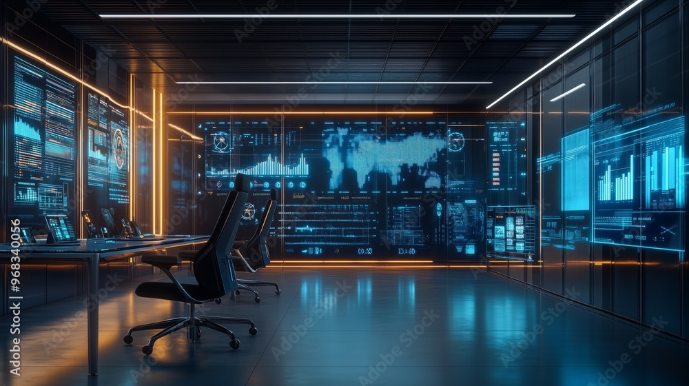 Poster modern control room with advanced technology and data visualization in a high-tech facility during d