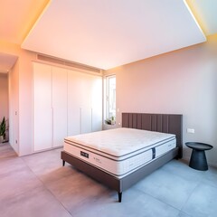 Unfurnished bedroom interior with uncovered bed, Moving-in day, New home.