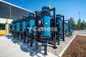 Fototapeta premium Row of Industrial Blue Cylindrical Filtration Systems