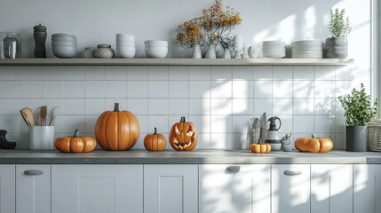 stylish white home kitchen decorated for halloween, pumpkins, jack-o-lantern, handmade fall decor, interior design, october 31, holiday, celebration, decorative ornaments, table, room, house, autumn