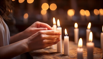 soft focus of people lighting candle vigil in darkness seeking hope, worship, prayer
