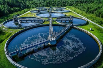 Aerial View of a Water Treatment Facility with Circular Pools and Walkways