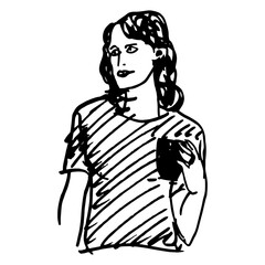 Young woman holding cup of beverage. Funny female portrait. Hand drawn linear doodle rough sketch. Black and white silhouette.