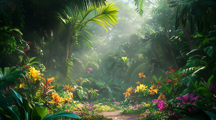 A rainforest clearing with a variety of tropical plants and flowers blooming, highlighting the lushness of Amazon flora 